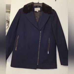 Women's Navy Wool Blend Jacket with Faux Fur Collar
